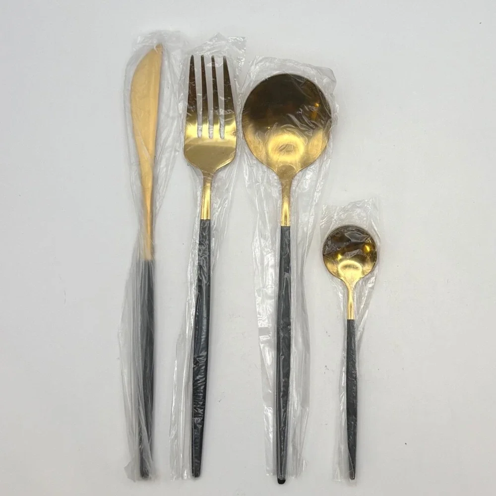 24pc Stainless Steel Flatware Set Matte Gold Black Handles Silverware Service 6